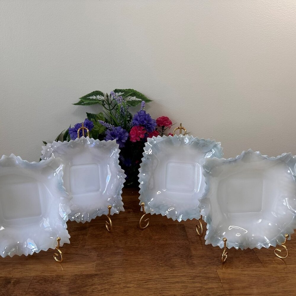 Vintage Milk Glass Bowls Set Iridescent Ruffled Sawtooth Edge Pastel Blue